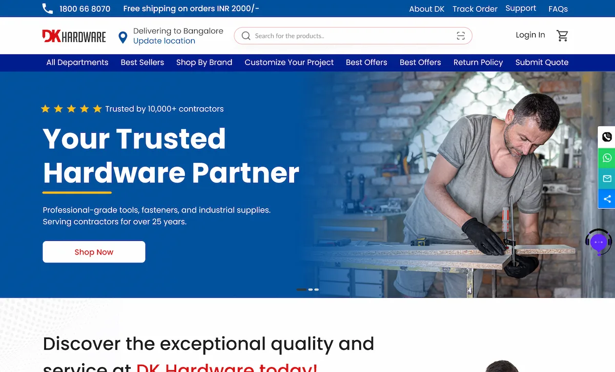 Homepage of the DK Hardware e-commerce website