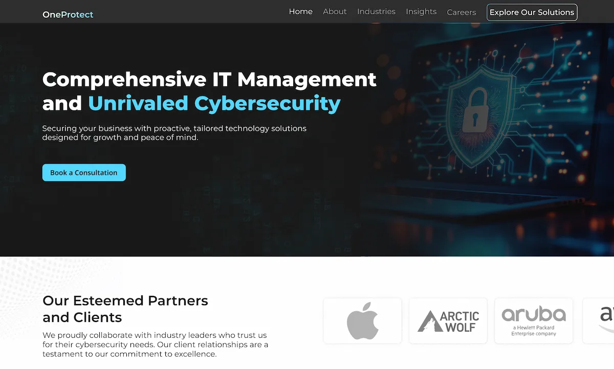 Homepage of the OneProtect cybersecurity landing page