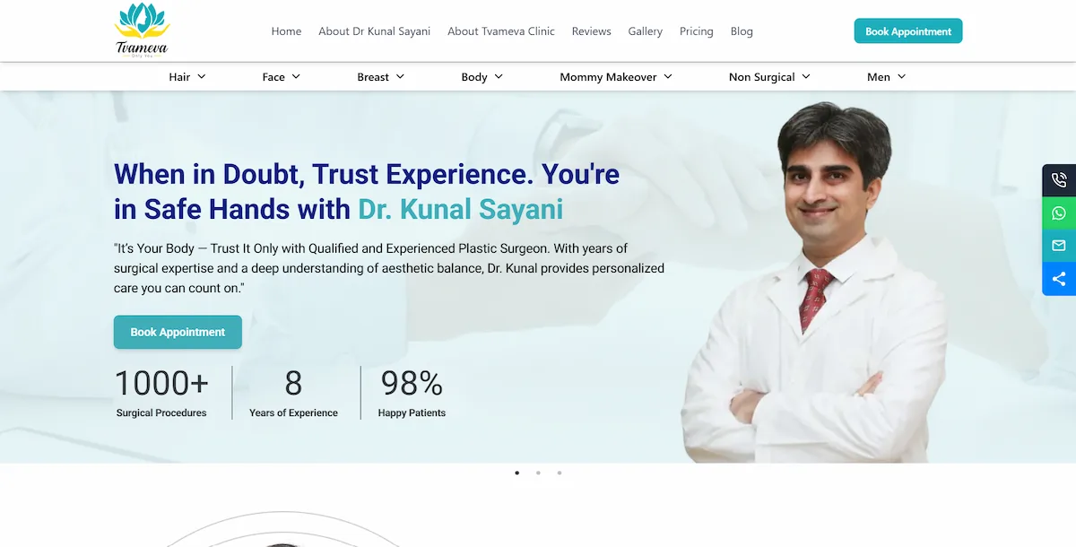 Homepage of the Tvameva Plastic Surgery Clinic website