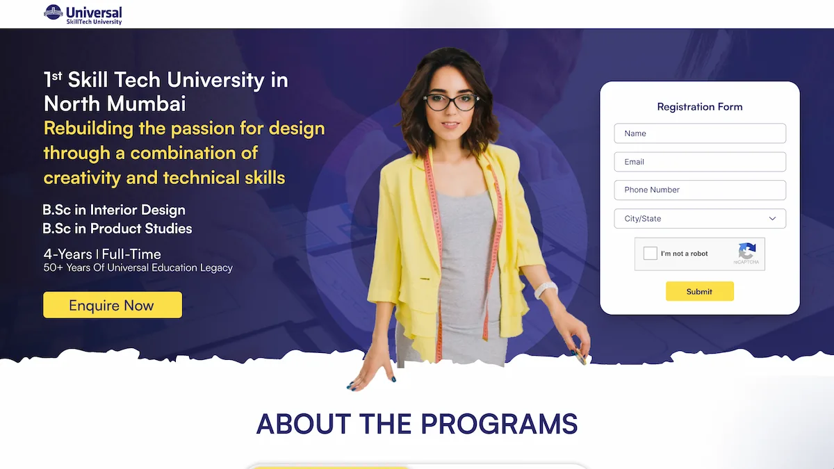 University admission landing page for Universal SkillTech University